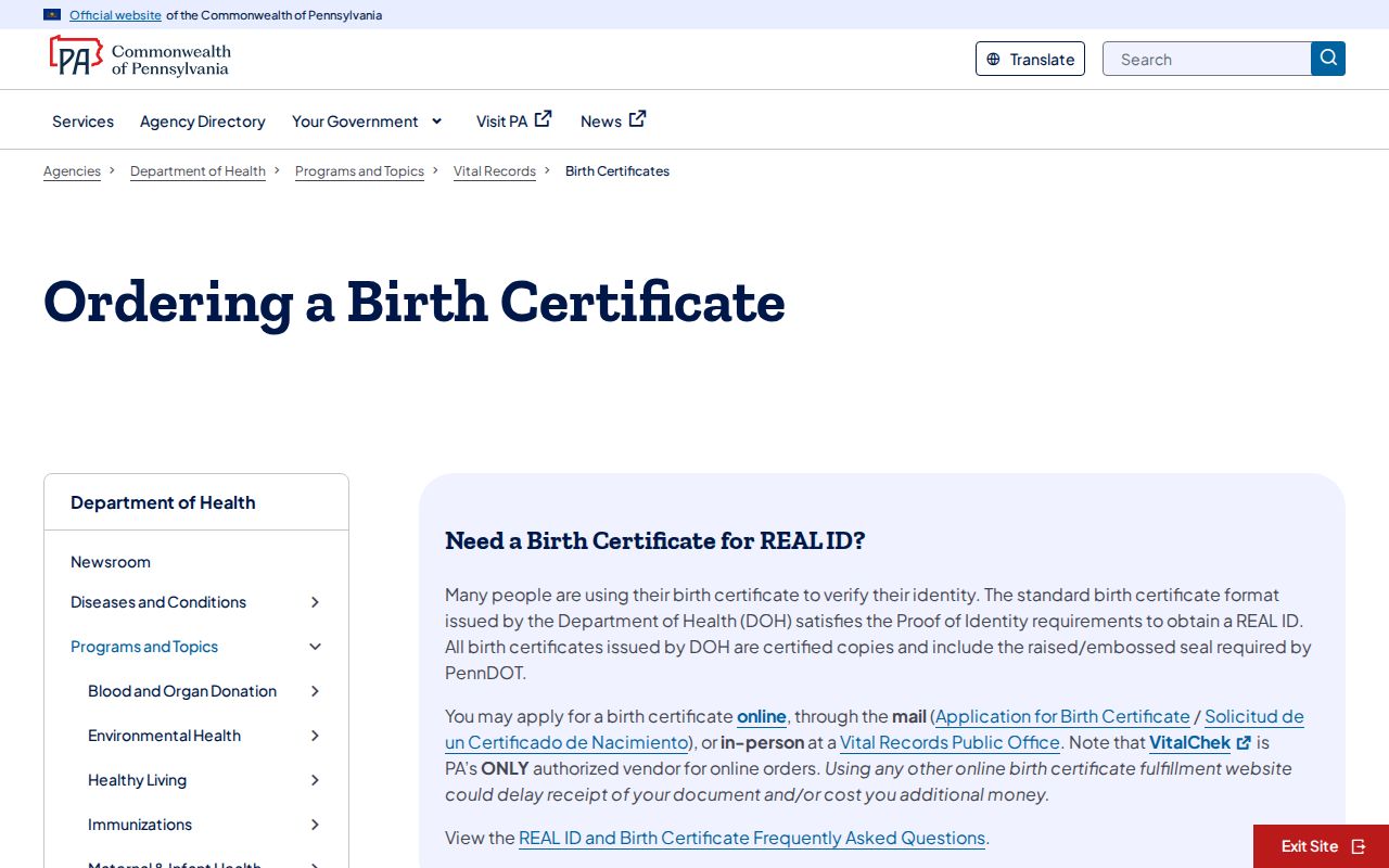 York Township resident lookup view of Pennsylvania birth certificate application